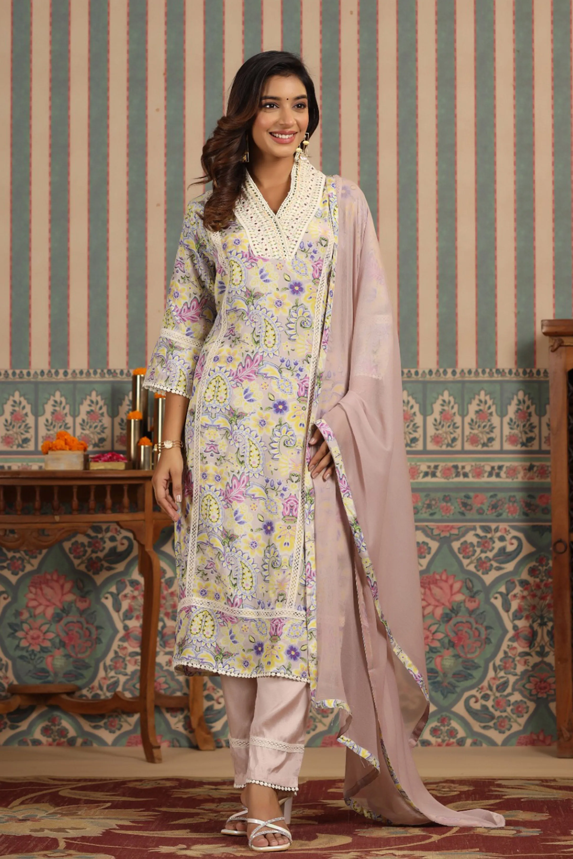 Orchid Creme Muslin Suit Set