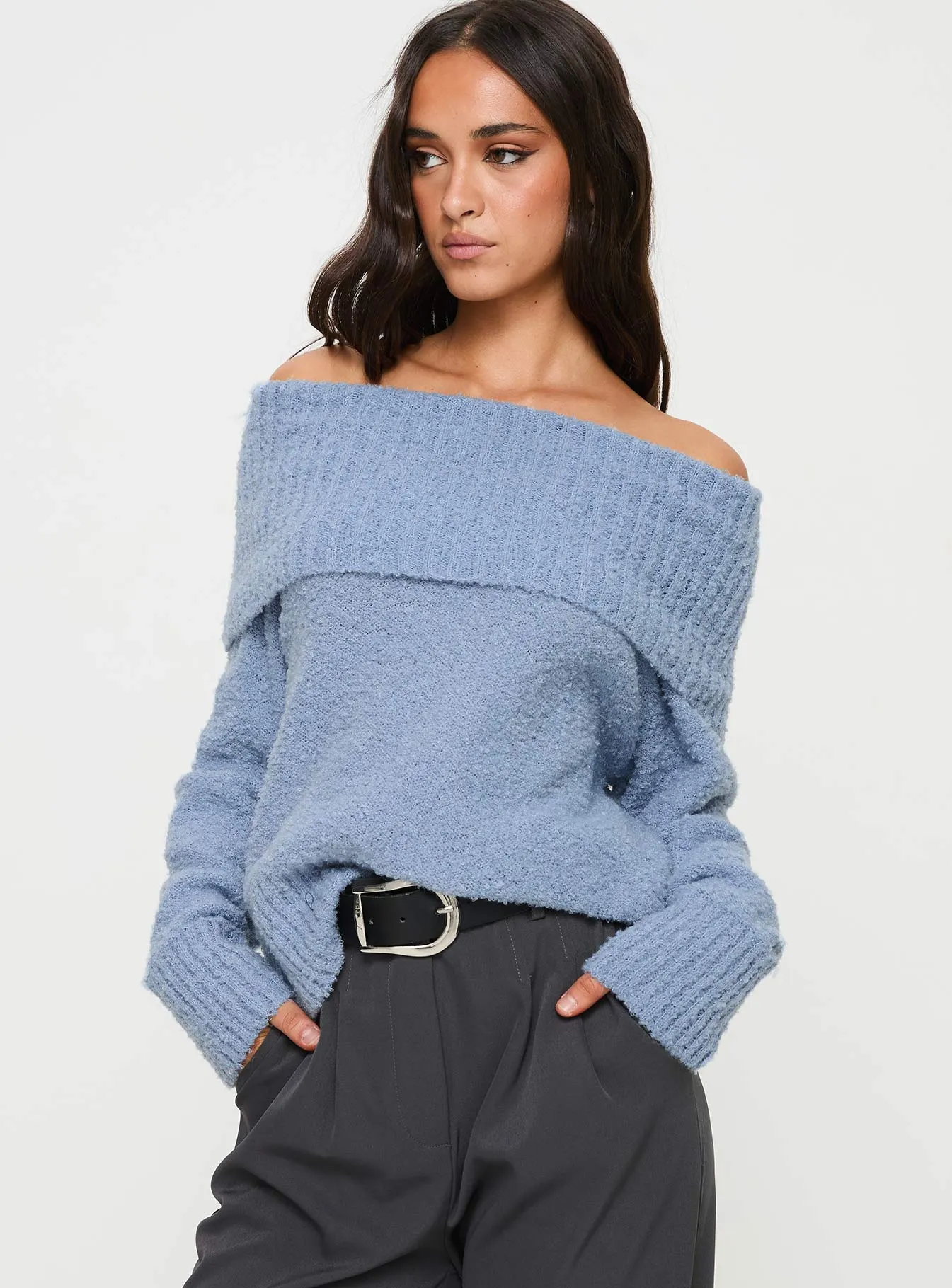 Parkley Boucle Off The Shoulder Sweater Blue