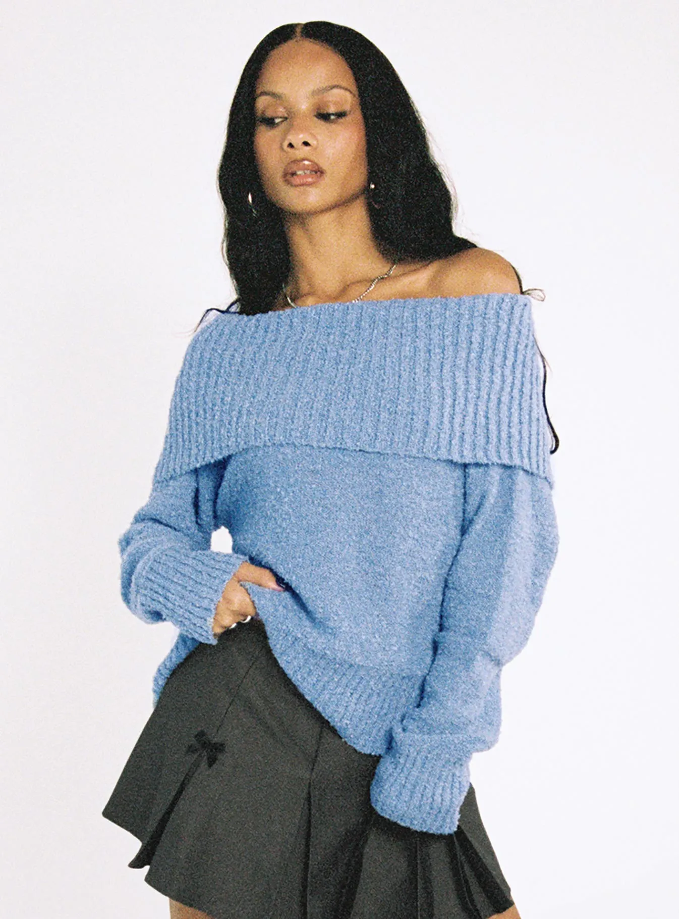 Parkley Boucle Off The Shoulder Sweater Blue