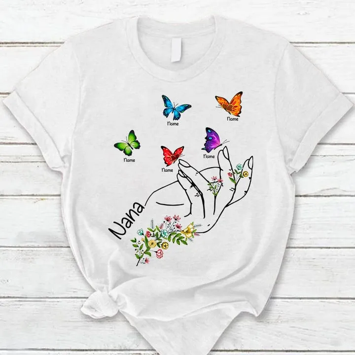 Personalized Grandma Hand Wildflowers And Butterflies Shirts For Grandma, Nana Hand Shirt