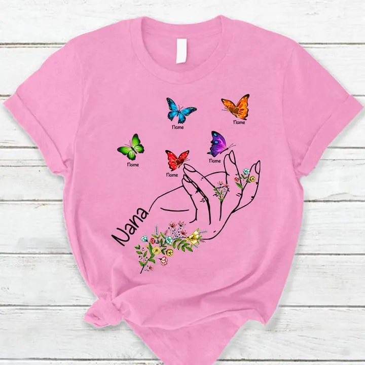 Personalized Grandma Hand Wildflowers And Butterflies Shirts For Grandma, Nana Hand Shirt