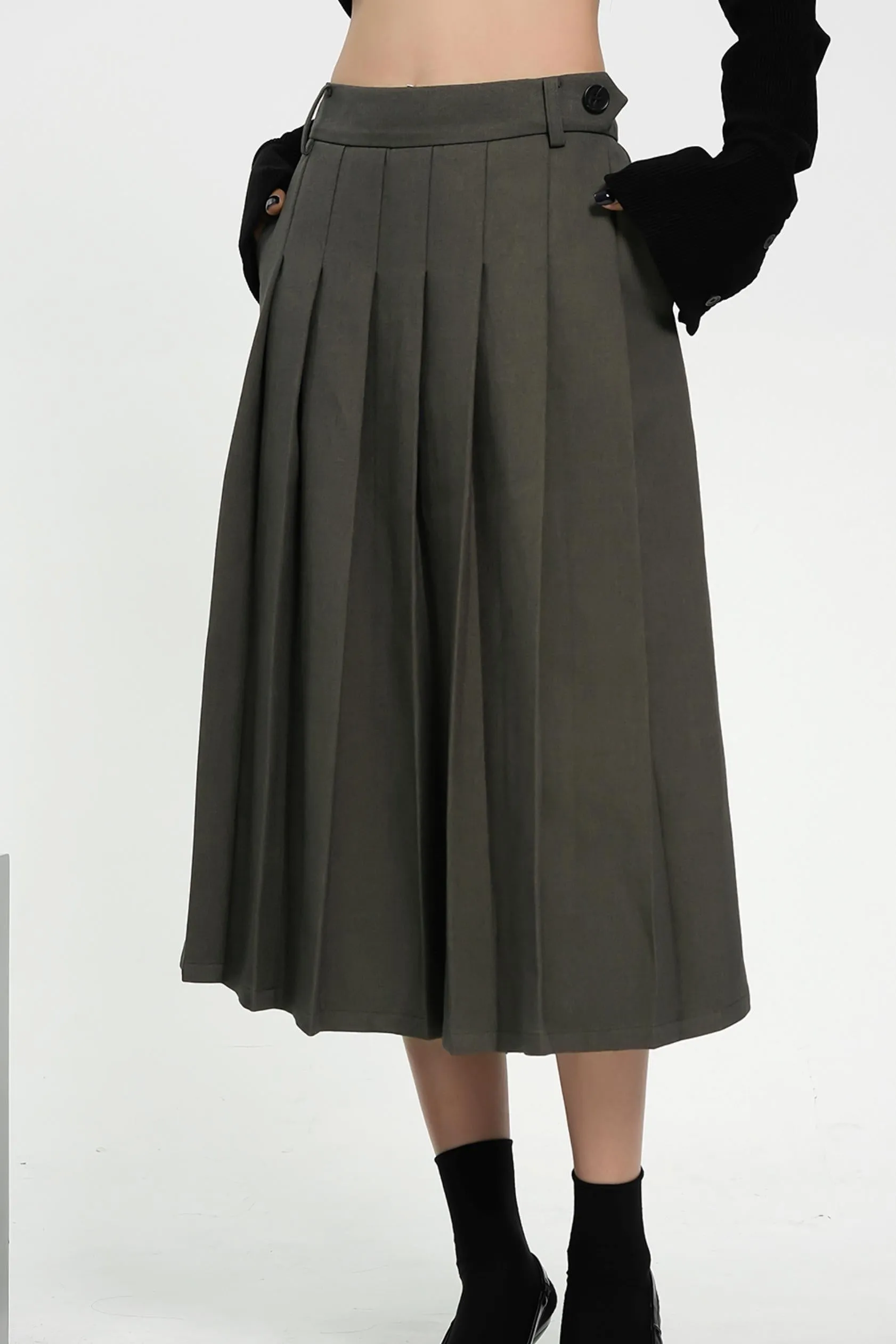 Pleated Midi Skirt - High-Waisted A-Line Olive Green Office Wear