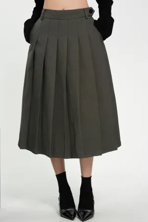 Pleated Midi Skirt - High-Waisted A-Line Olive Green Office Wear