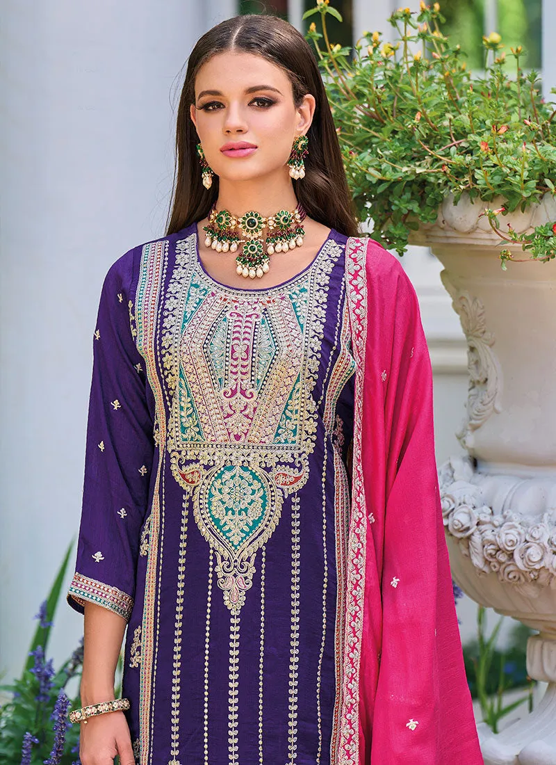 Purple And Pink Multi Embroidery Pakistani Pant Style Suit