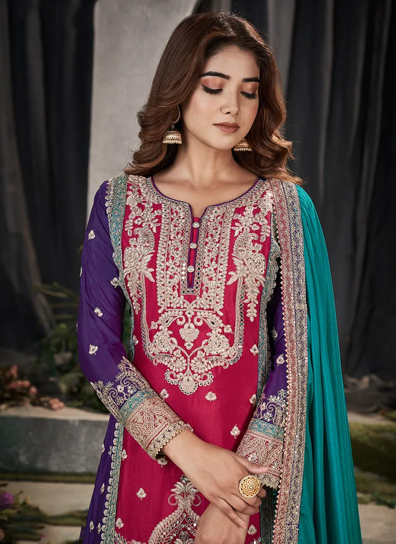 Purple And Rani Pink Embroidery Traditional Palazzo Suit