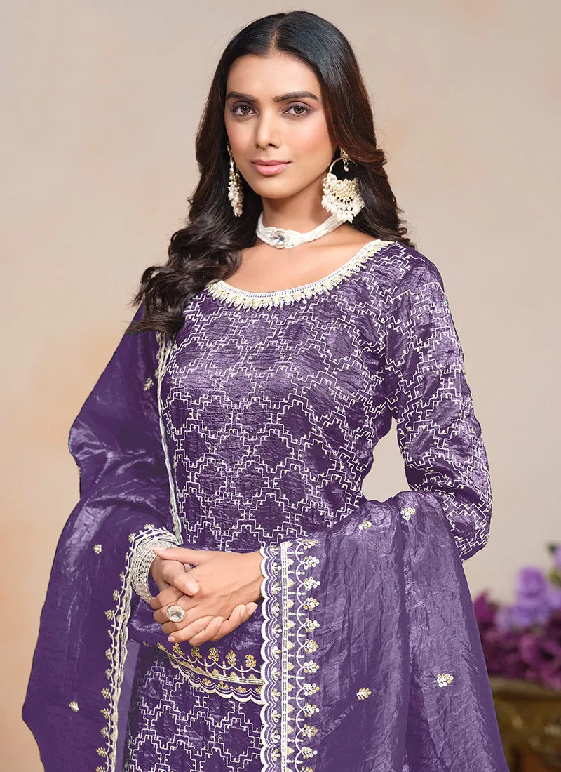 Purple Embroidered Traditional Palazzo Suit