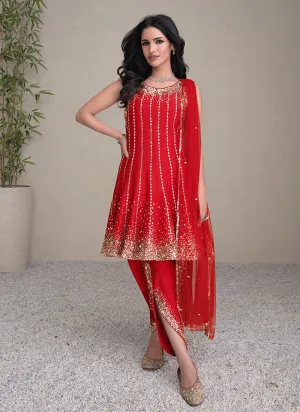 Red Golden Sequence Embroidered Anarkali Pant Style Suit