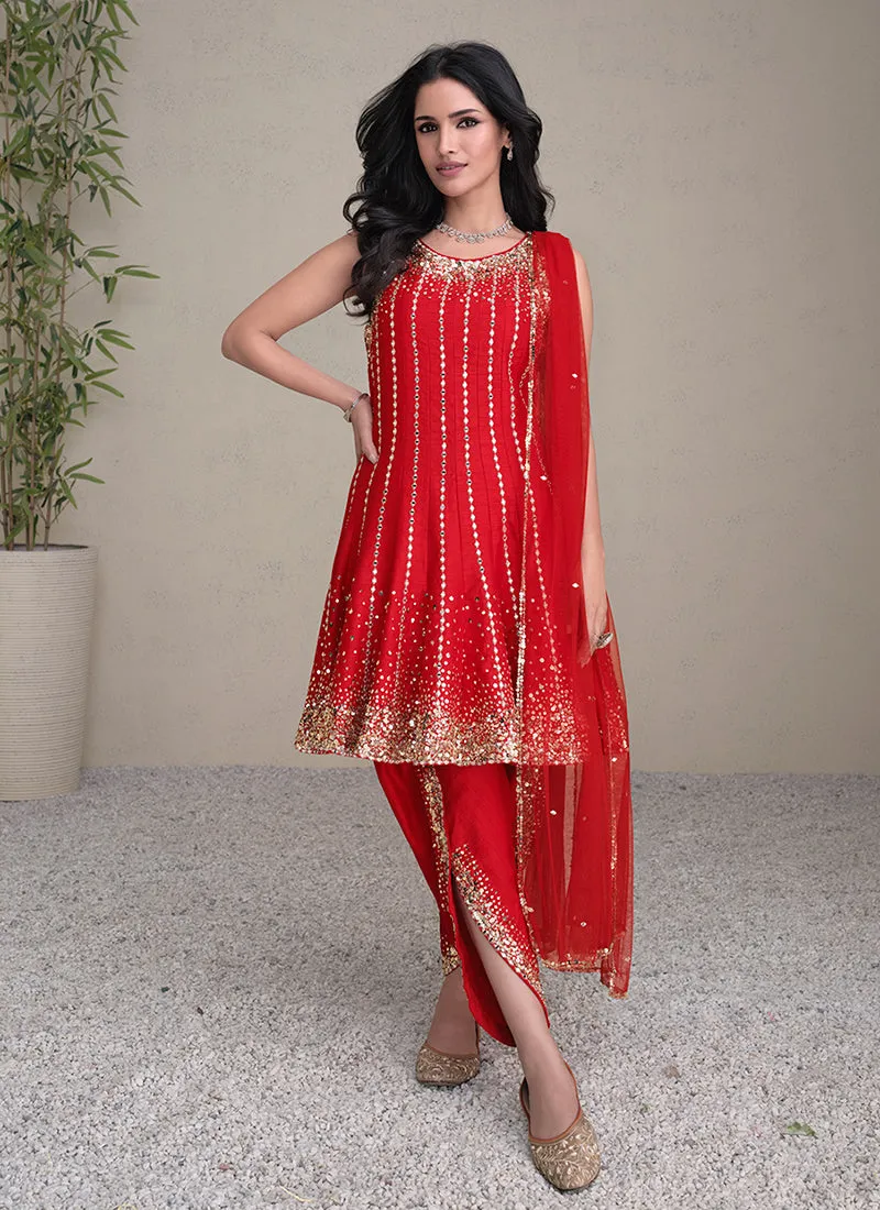 Red Golden Sequence Embroidered Anarkali Pant Style Suit