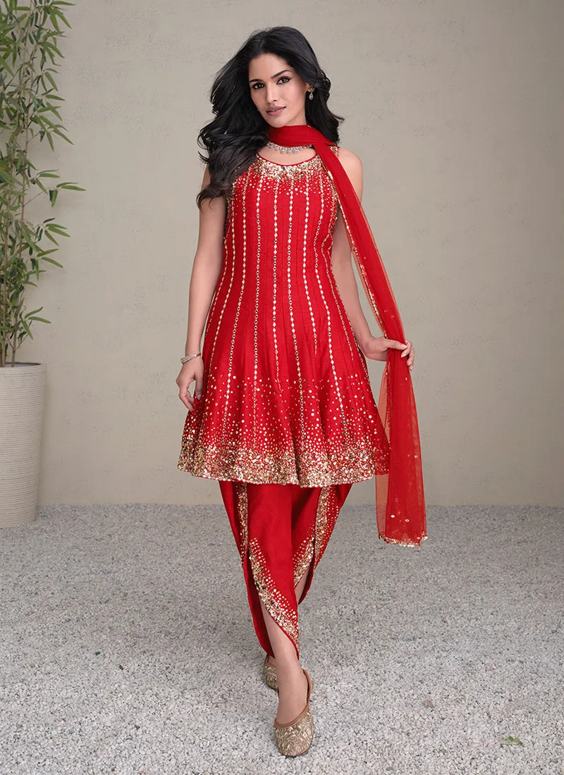 Red Golden Sequence Embroidered Anarkali Pant Style Suit