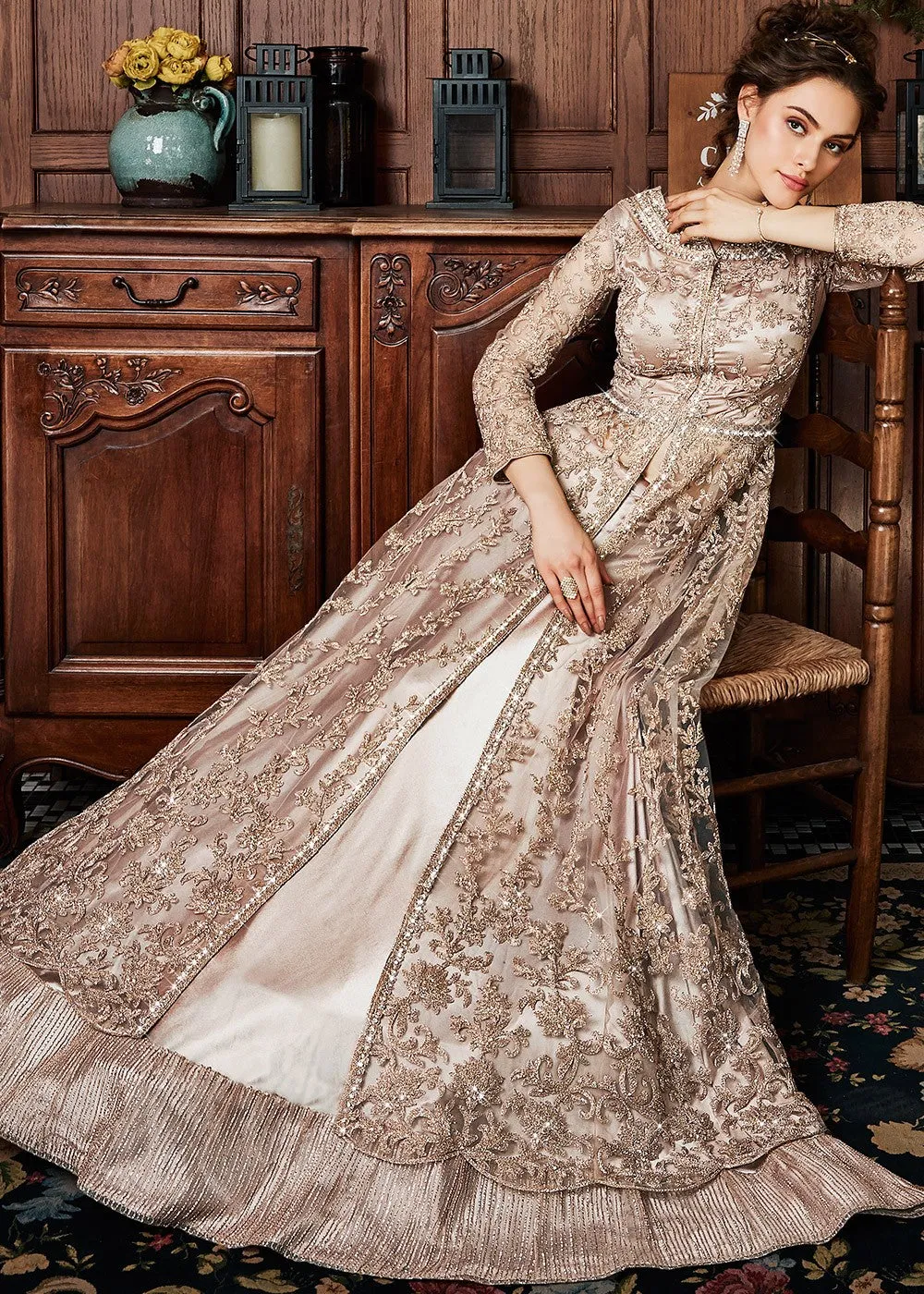 Rose Gold Coppers Embroidered Wedding Lehenga Suit