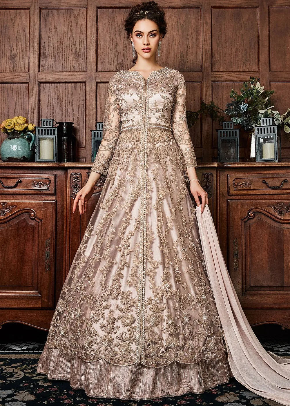 Rose Gold Coppers Embroidered Wedding Lehenga Suit