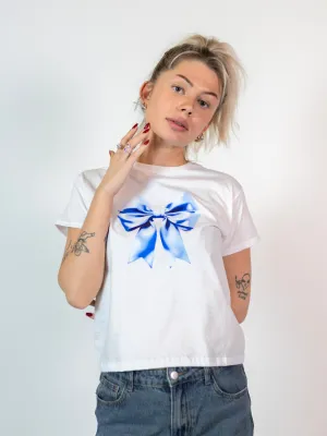 SATIN BOW (BLÅ), BABY TEE - HVID