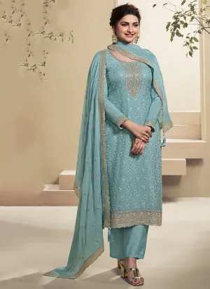 Sky Blue Chikankari Embroidered Pakistani Pant Suit