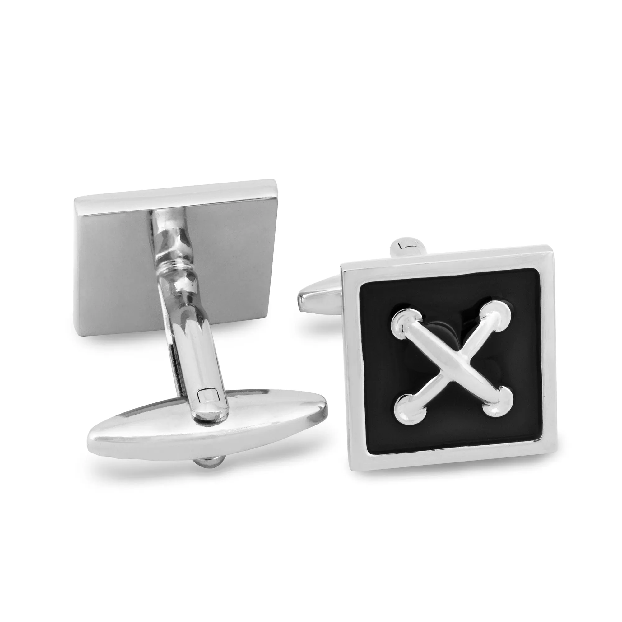 Square Button Cufflinks in Black enamel and silver Stitch