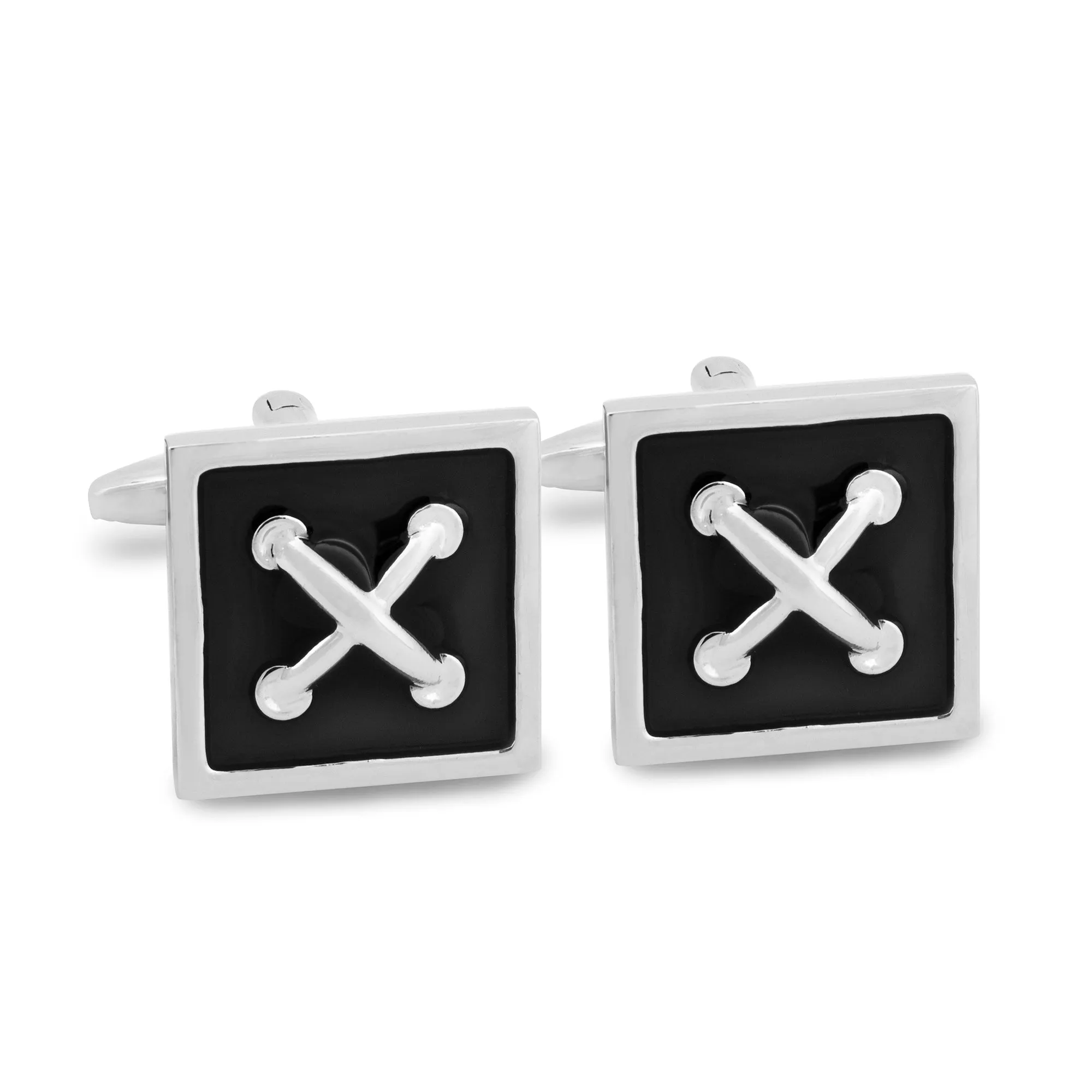 Square Button Cufflinks in Black enamel and silver Stitch