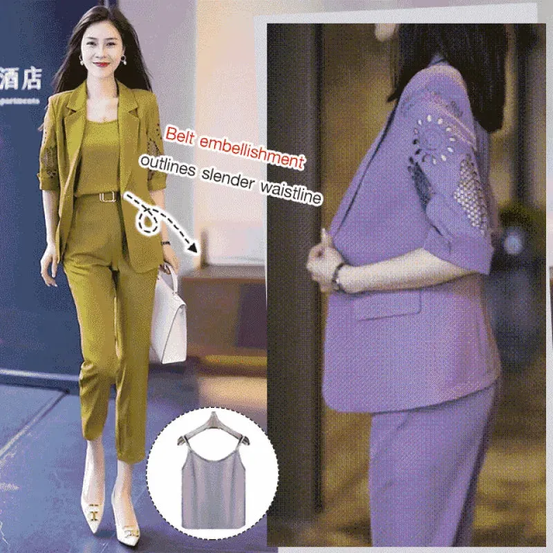 Summer High Waist Three-Piece Blazer Suit Elegant Women's Business Suit with V Neck Vest Out Coat High Waist Harem Pants