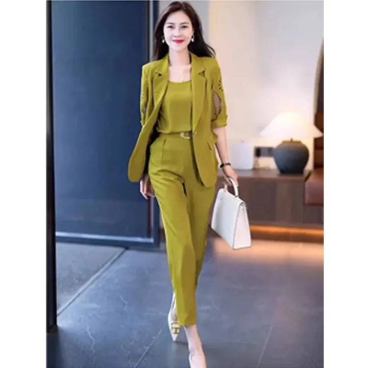 Summer High Waist Three-Piece Blazer Suit Elegant Women's Business Suit with V Neck Vest Out Coat High Waist Harem Pants