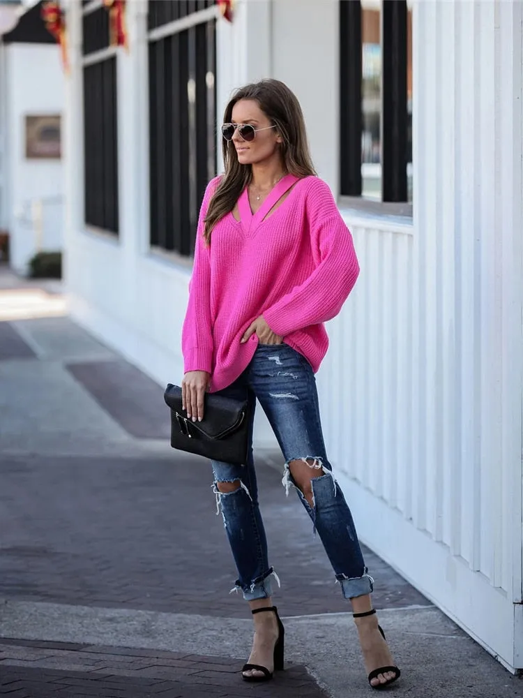 Trendy V Neck Oversized Long Sleeve Sweater