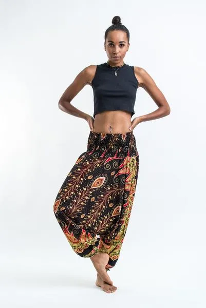 Unisex Peacock Paisley Drop Crotch Jumpsuit Harem Pants in Black