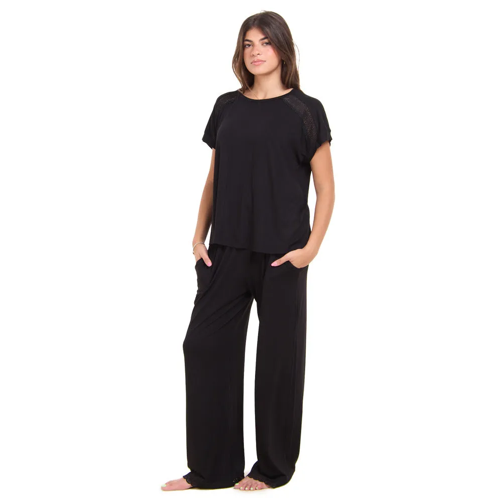 Women summer pajama set Black Lace shirt   Pants