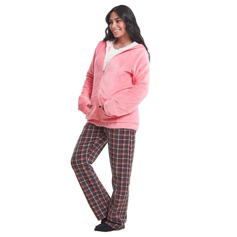 Women Winter Pajama 3 PCS Set Simon Sweatshirt  Off-white top  Pink x Dark Grey Checkered Pants