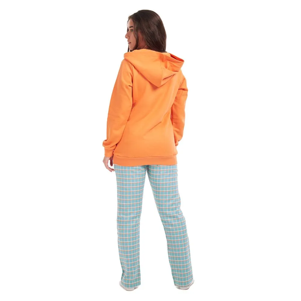 Women Winter Pajama Set Orange Sweatshirt   Pistache Checkered Pants