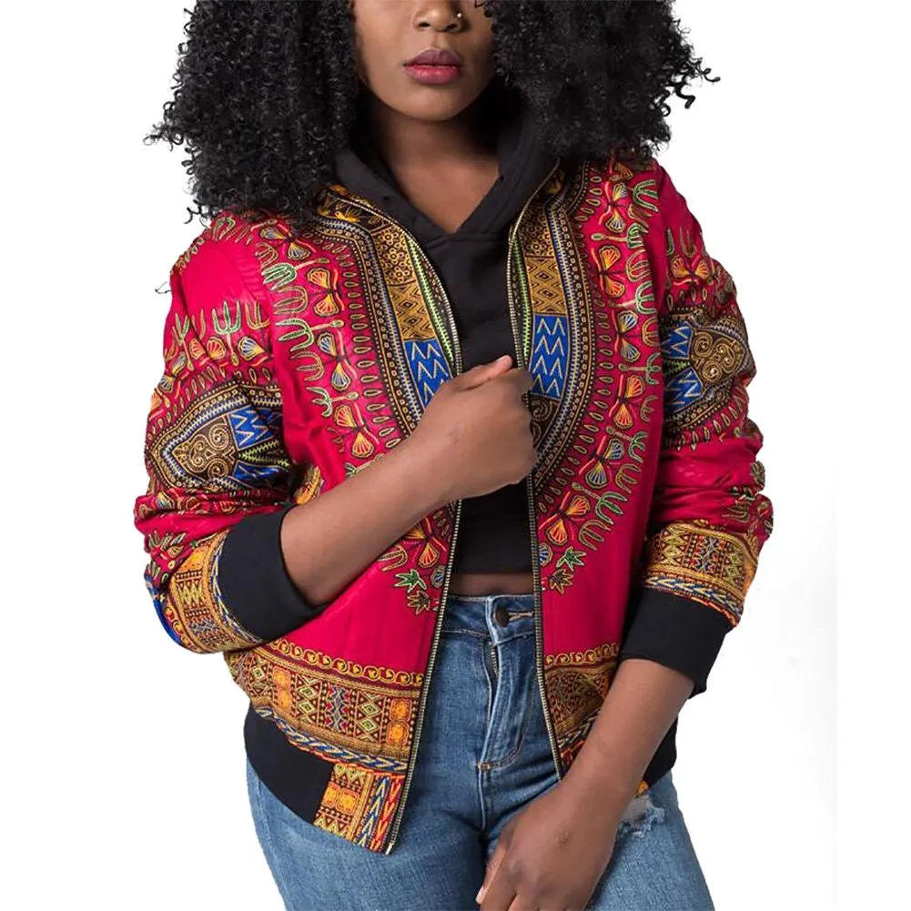 Women's Casual Afrikan Print Zipper Jacket Coat with Pockets