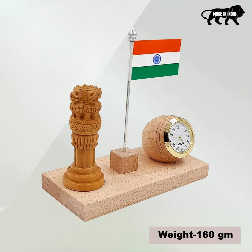 WOOD HOUSE Woodhouse Flag Stand for Office Table, Wooden Flag Stand with Ashoka Pillar & Clock, Wooden Flag Stand with Clock for Office Table Stylish (WH-55)